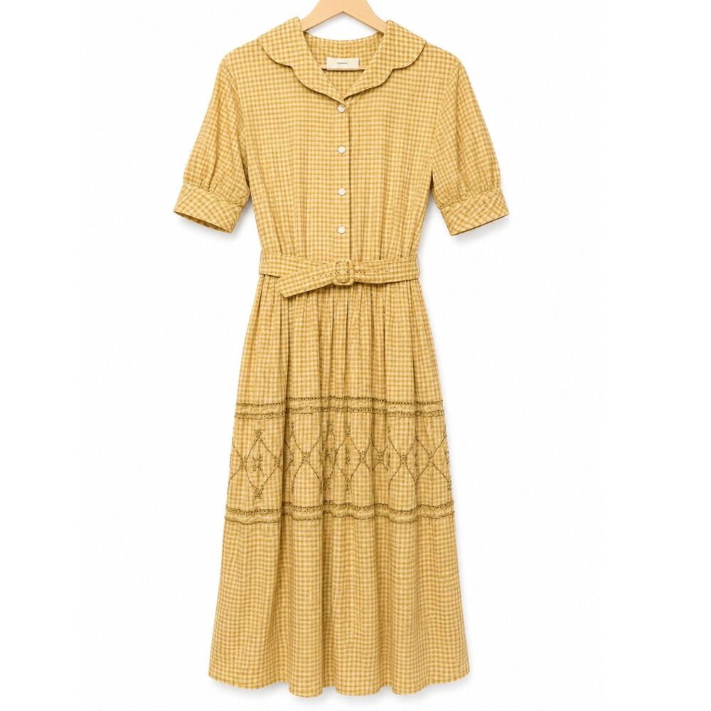 VTG Handmade 70s Gingham Embroidered Midi Dress w/ Belt Cottagecore Prairie Boho